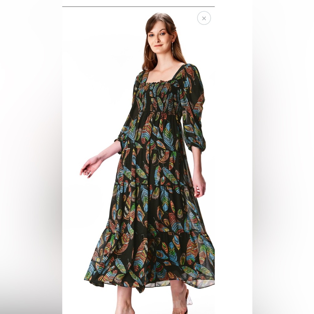 Feather print smocked midi dress